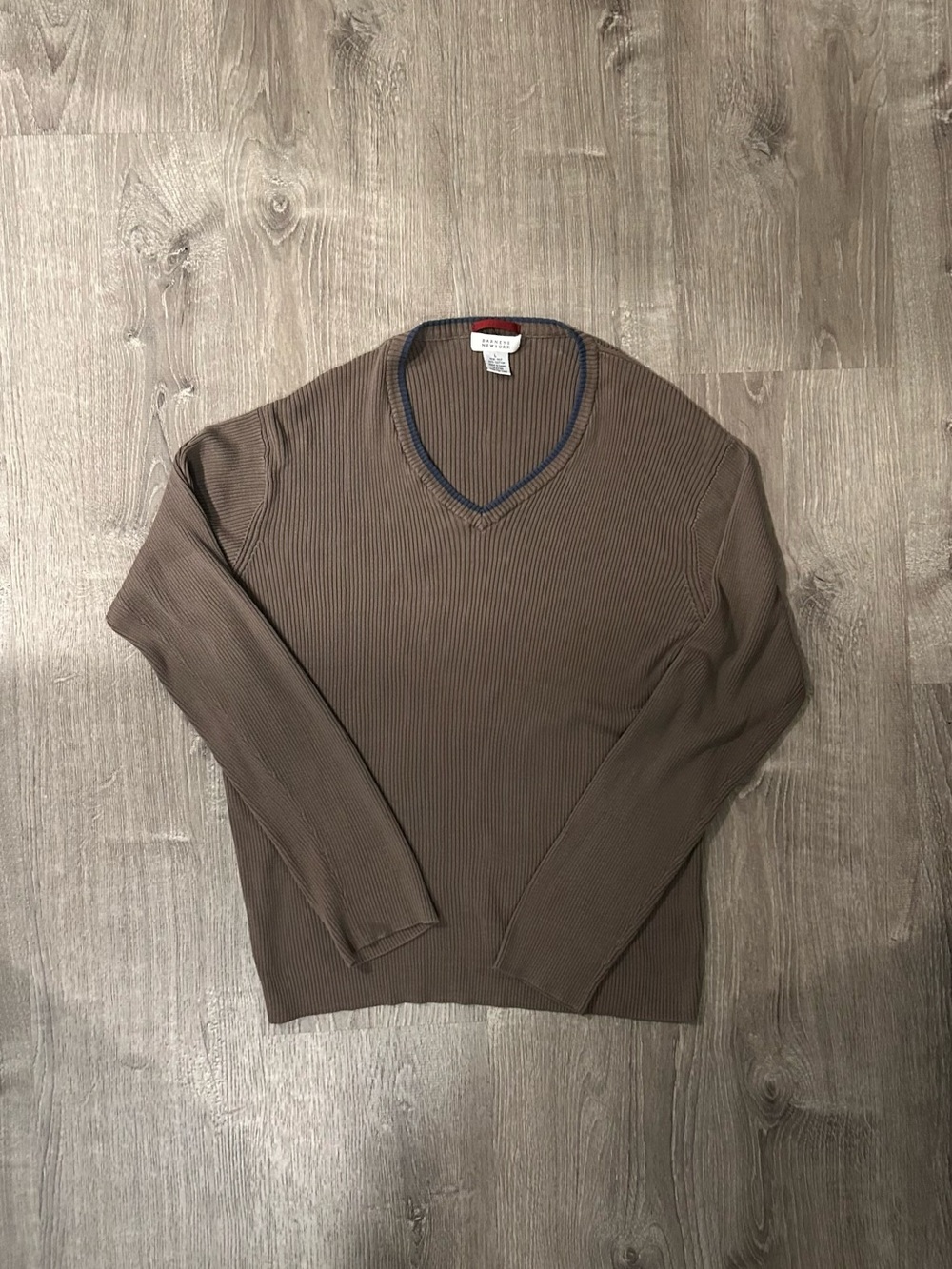 Barneys New York Silk-Cotton V-Neck Ribbed Sweater in Brown with Contrast Trim